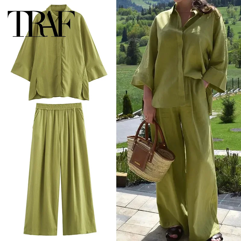 TRAF 2024 Women Pants Sets Oversize Casual Shirt Fashion Linen Set Woman Two Pieces Wide Leg Baggy Pants Suit Summer Outfit