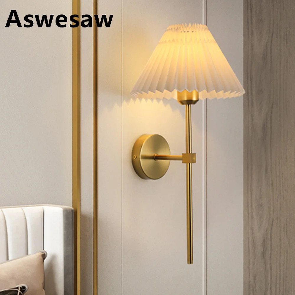 

Aswesaw Creative Pleated wall Lamp Bedroom Bedside Dining Dressing Drawing Lampe Pleated Creative Desk Light Retro decorate