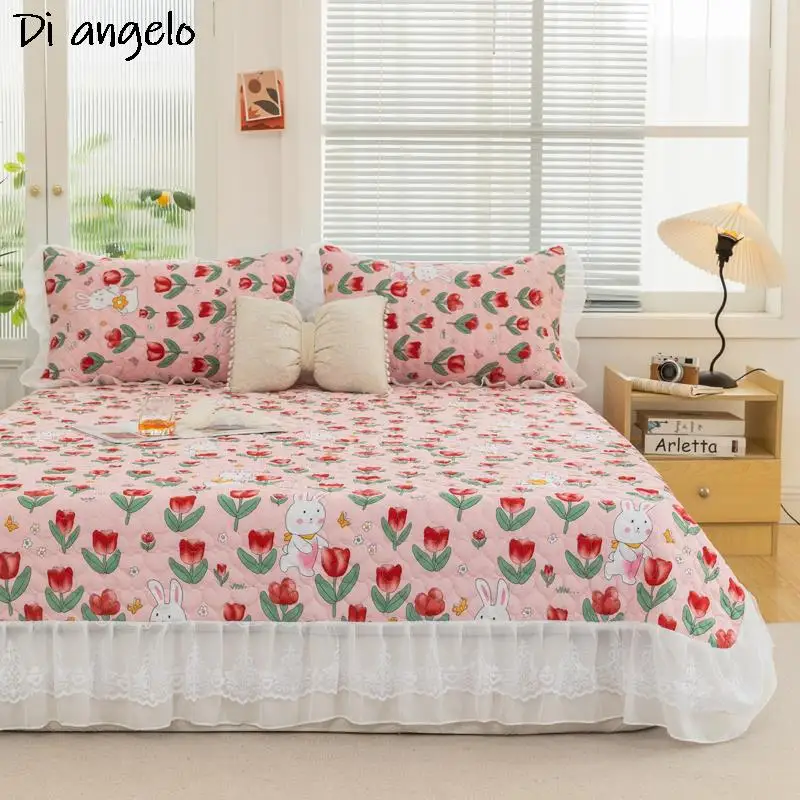 Cartoon Printing Thickened Bed Cover+Pillowcase, Quilted Positioning, Double Lace Quilting, Bed Skirt Sheet, Bedspread #/3 Pcs