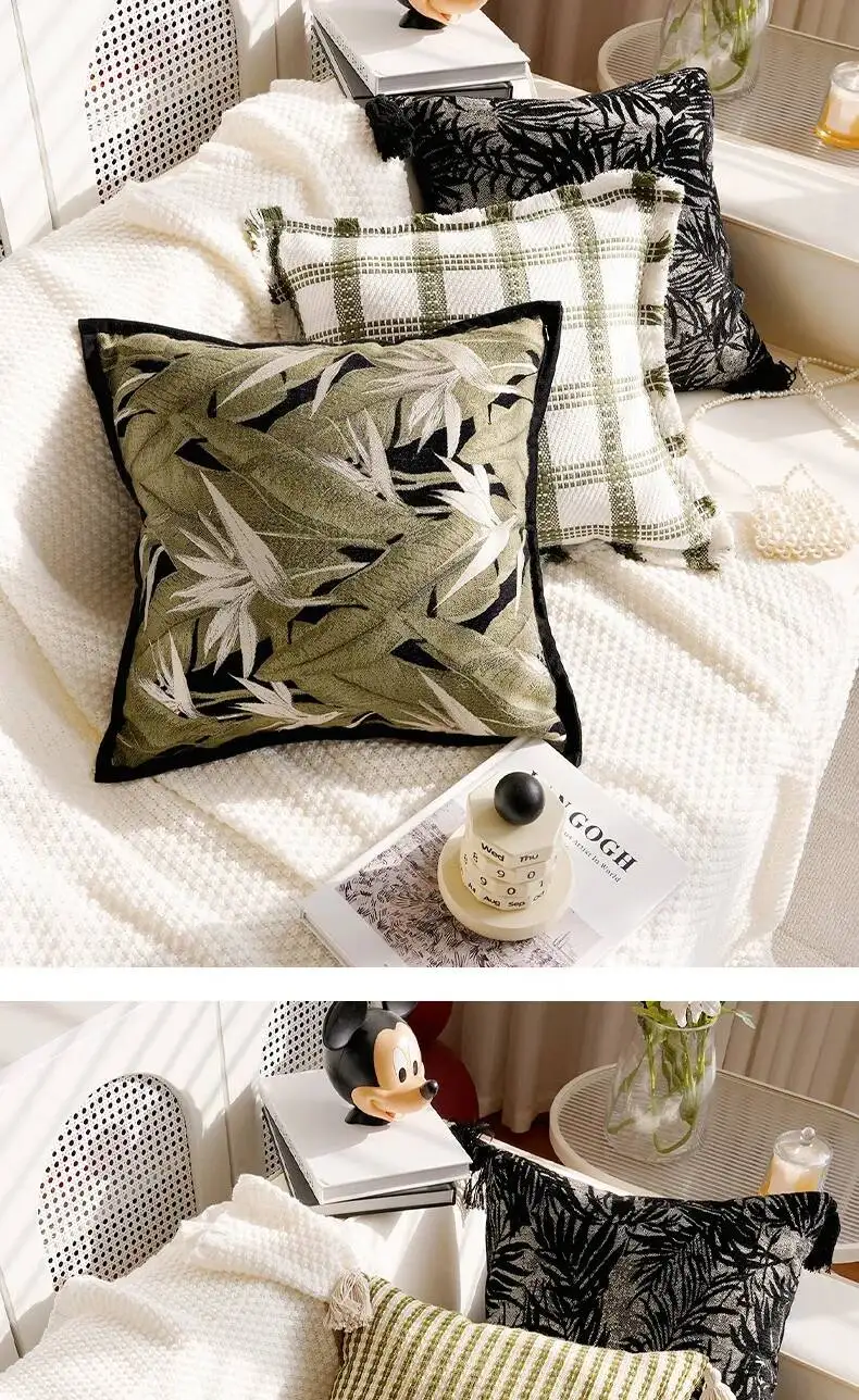Nordische bestickte Boho-Chenille-Kissenbezüge mit Blumenmuster, Frühlingsblättern und Pflanzenmotiven, dekorative Kissenhüllen für Sofa, Bett und Heimdekoration – Detail 9