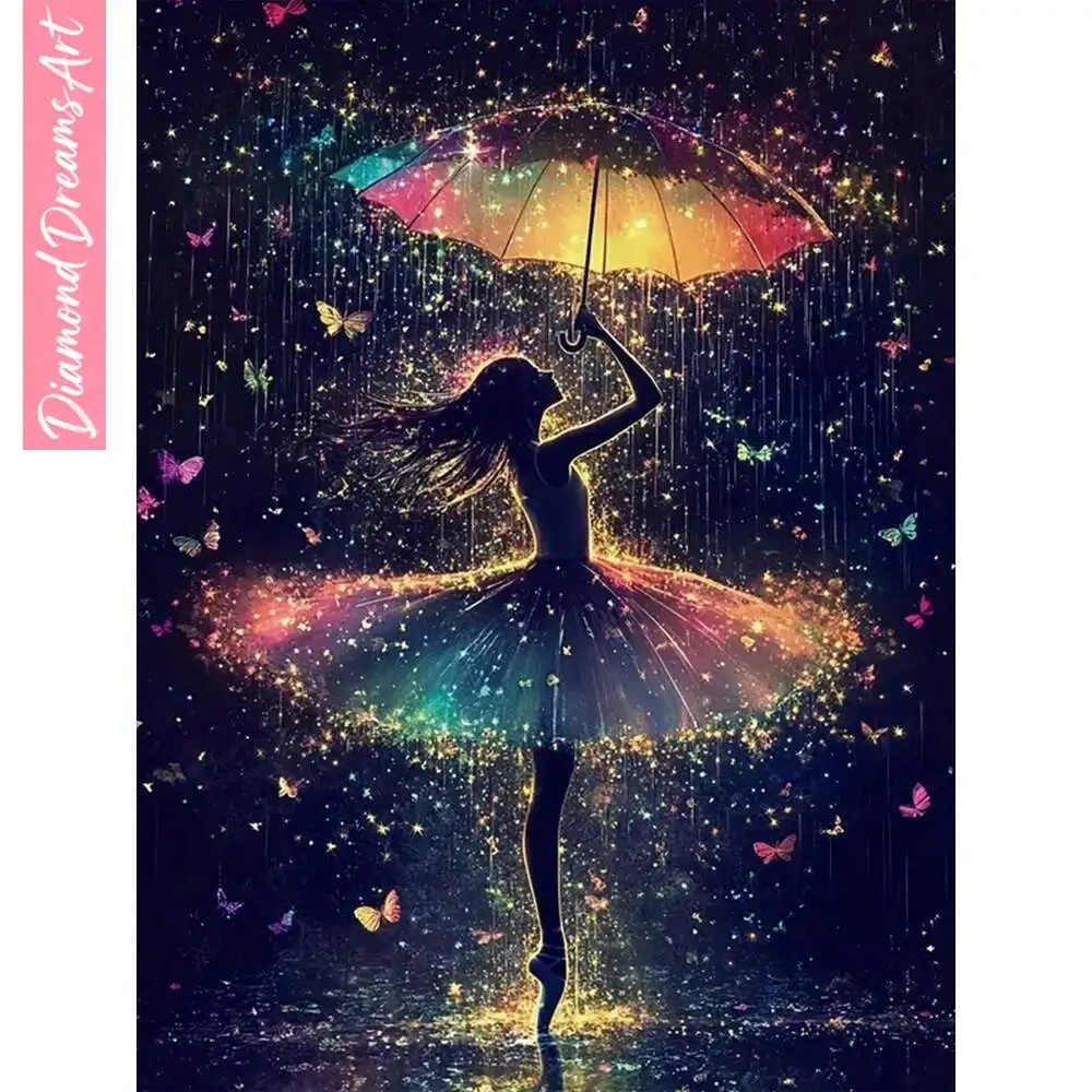 Diamond Painting Kit Girl Portrait Umbrella Rain Landscape D