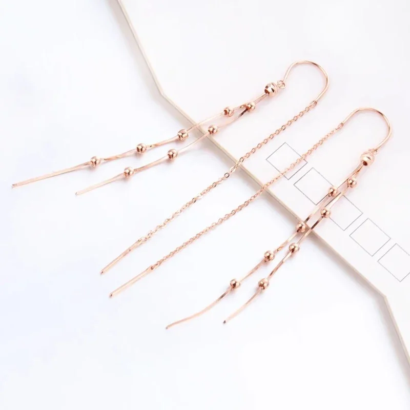 Plated 14K Rose Gold 585 Purple Gold Beaded Earrings for Women Fashion Tassels Long Snake Bone Bead Chain Earings Jewelry