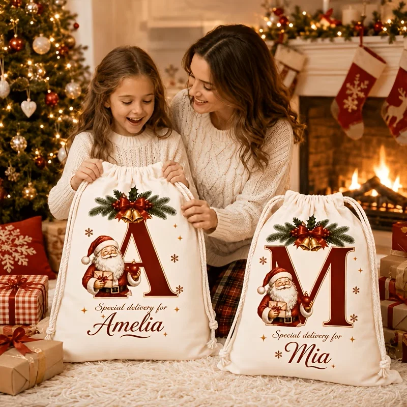Personalized Initial and Name Christmas Canvas Gift Bag 26 Initials  Custom Large Santa Claus Patterned Cloth Bag Personalized