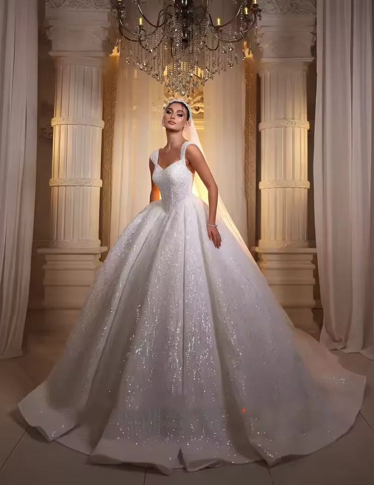 

Customized Luxury Ball Gown Wedding Dresses Beaded Sequins Lace Sweetheart Neck Bridal Gown Spaghetti Straps Vestidos De Novia
