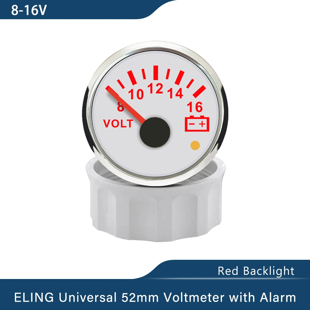 ELING Waterproof 52mm 8-16V 18-32V Voltmeter Volt Gauge with Red Backlight and Alarm for Car Boat Yacht Truck Universal