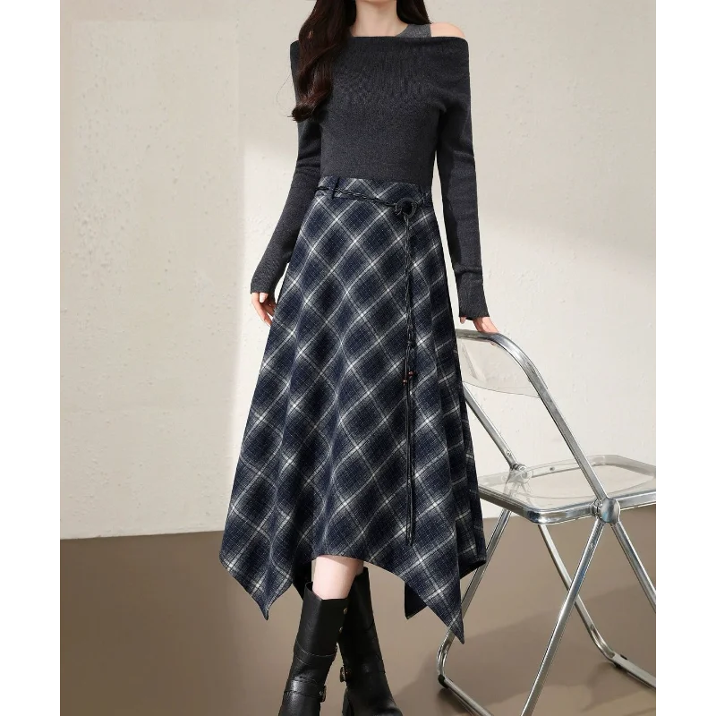 Women's 2025 Autumn and Winter New High-waist Drape Retro Mid-length A-line Irregular Plaid Woolen Skirt
