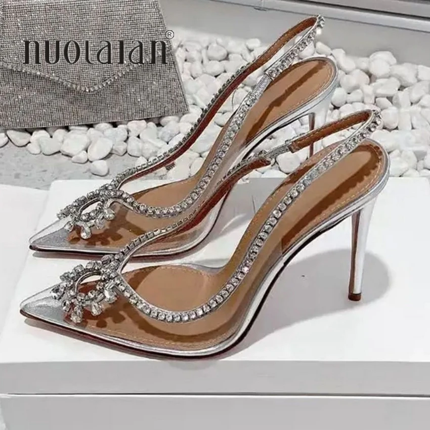 2023 Fashion PVC Transparent Women Pumps Sexy Rhinestone High Heels Pointed Toe Wedding Prom Sandals Summer Shoes Woman