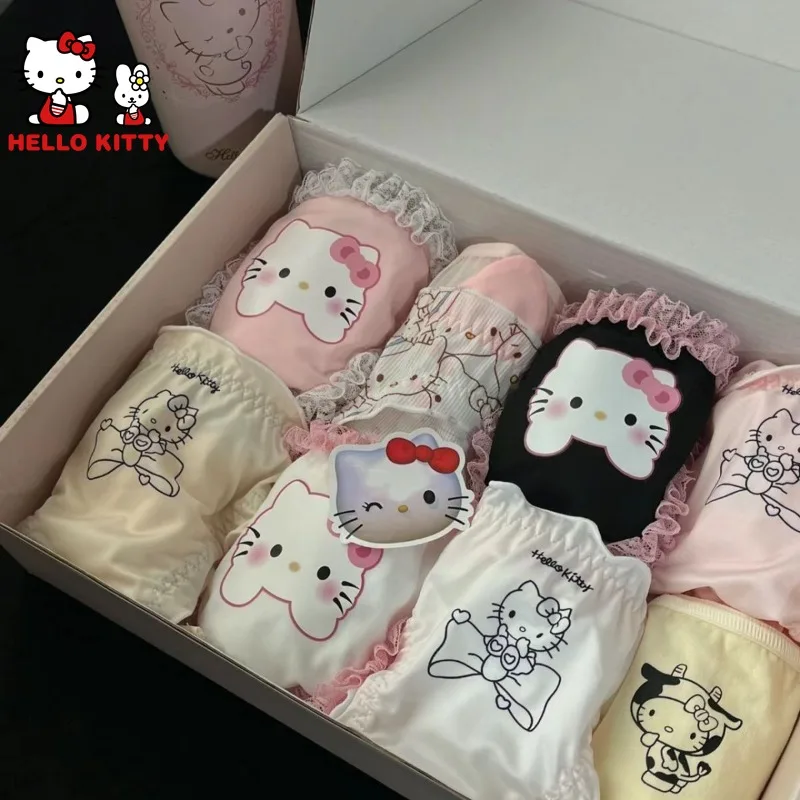 Hellokitty Anime Cartoon Cartoon Ice Silk Cotton Lace Women's Panties Collection Underwear Undies Kawaii Girl Breathable Briefs