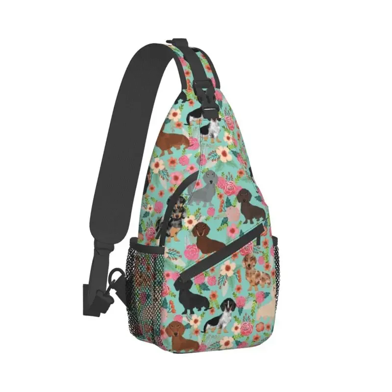 Casual Dachshund Floral Dog Patterns Crossbody Sling Backpack Men Puppy Sausage Pet Shoulder Chest Bag for Hiking