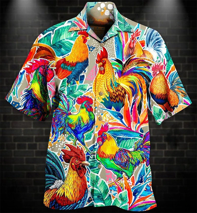 Summer Fashion Mens Hawaiian Shirts Short Sleeve Button Funny Chicken Printed Casual Beach Aloha Shirt Plus Size 6XL Hombre Ropa