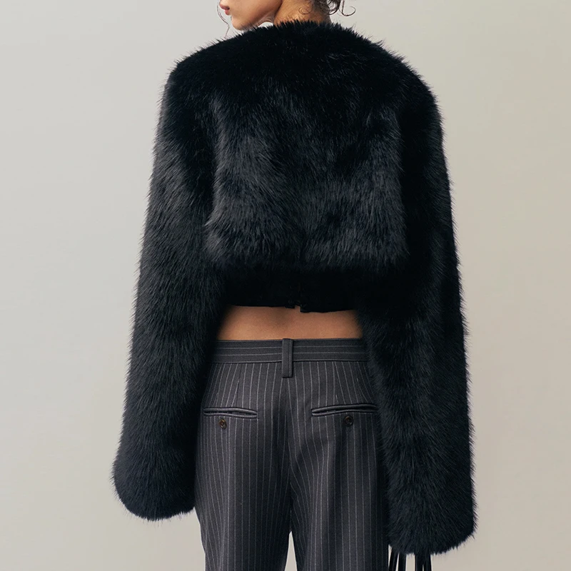 럭셔리 여성 겨울 두꺼운 따뜻한 인조 모피 코트 긴 소매 레이스업 O넥 크롭 숏 블랙 재킷 스트리트웨어 패션 아우터웨어