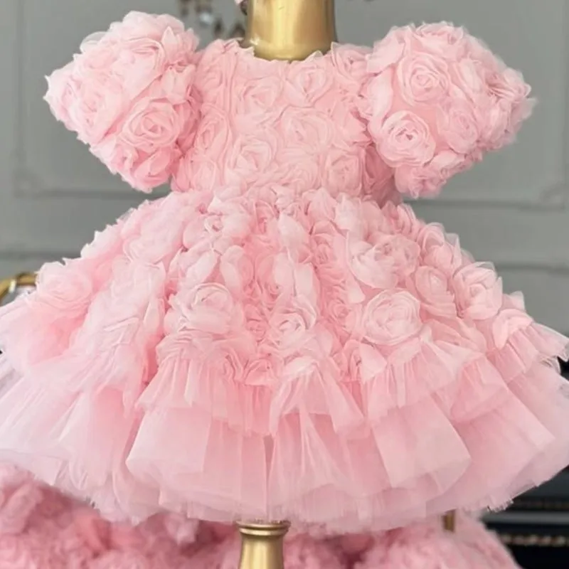 Baby Girl Princess 3D Flower Tutu Dress Infant Toddler Child Rose Vestido Wedding Party Birthday Pageant Baby Clothes 2-14Y