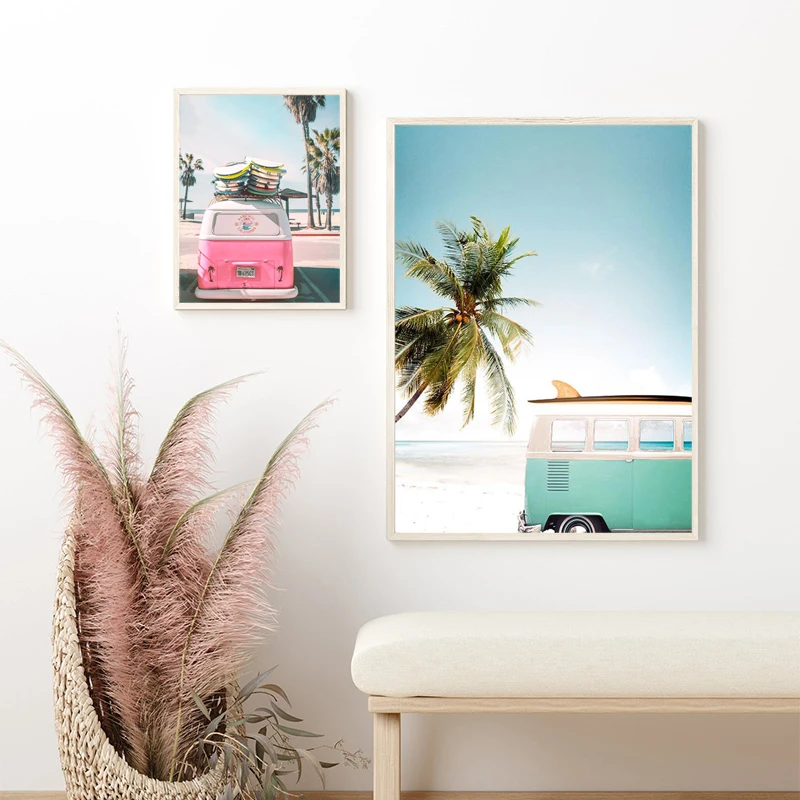 Beach Pink Blue Camper Van Canvas Painting Posters Tropical Surf Coastal Palm Trees Art Prints Wall Pictures Living Room Deco
