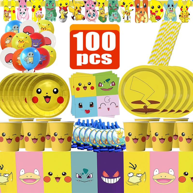 

Pokemon Decoration Birthday Pikachu Balloon Noise Maker Disposable Tableware Tablecloth Cups Plates Napkins Party Kit Supplies ﻿