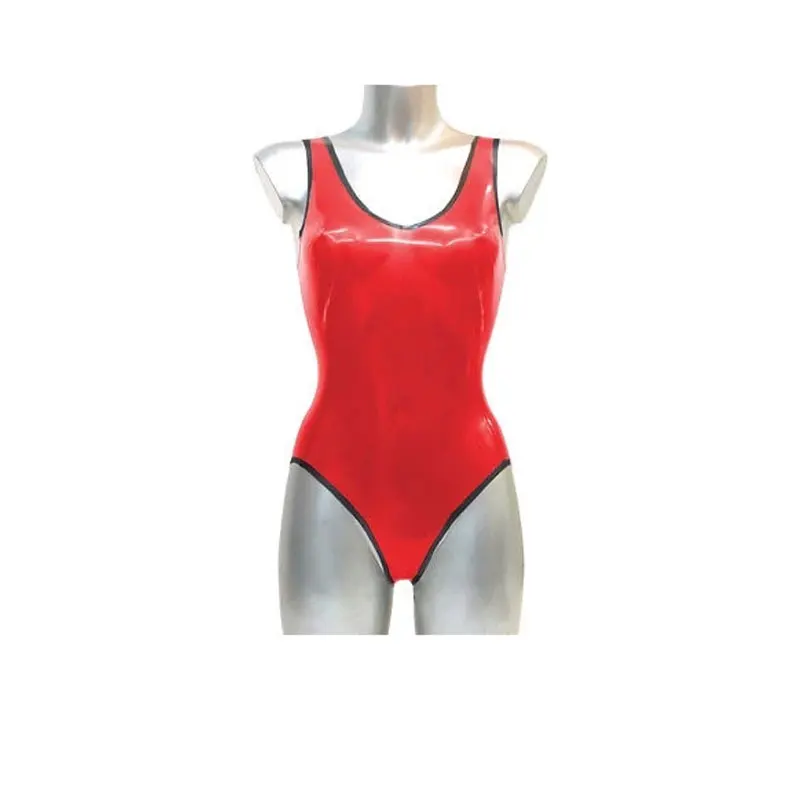 

Sexy Handmade Latex Rubber Red and Black gym suit sleeveless swimming pool fitness party beach