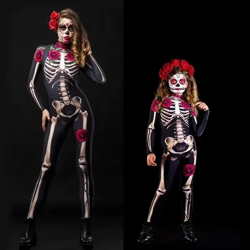 Rosa esqueleto adulto crianças assustador traje de halloween vestido cosplay sexy macacão carnaval festa bebê menina macacão dia dos mortos