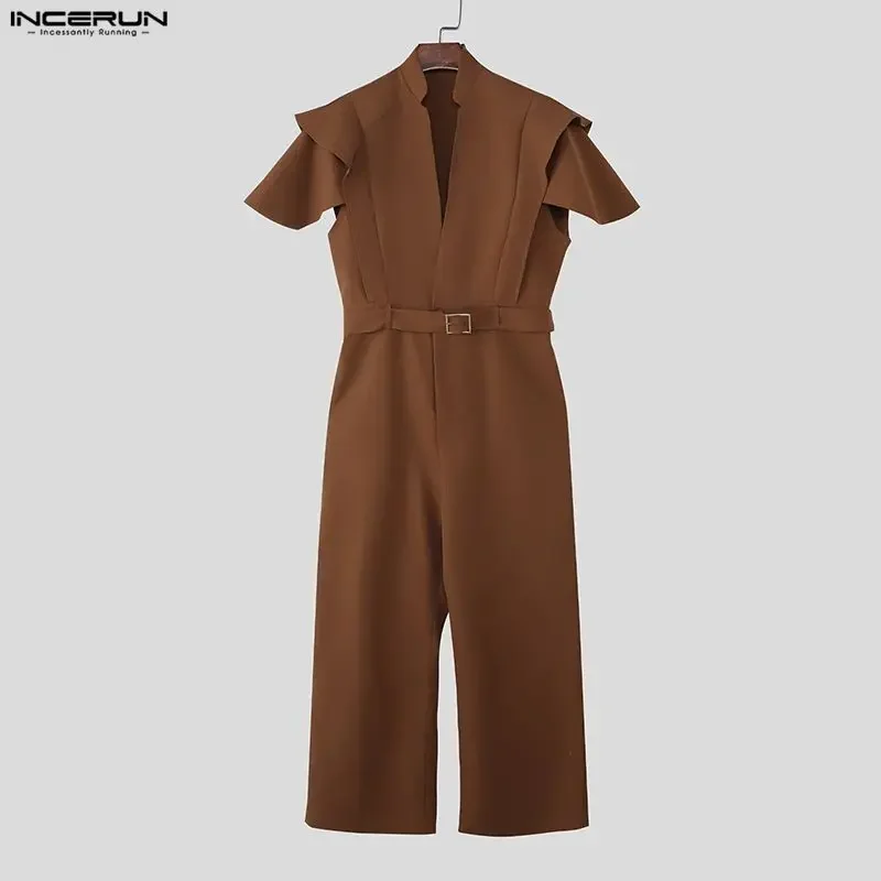 INCERUN Men Jumpsuits Solid Color Short Sleeve Stand Collar Male Rompers Streetwear Loose 2026 Fashion Wide Leg Pants Overalls