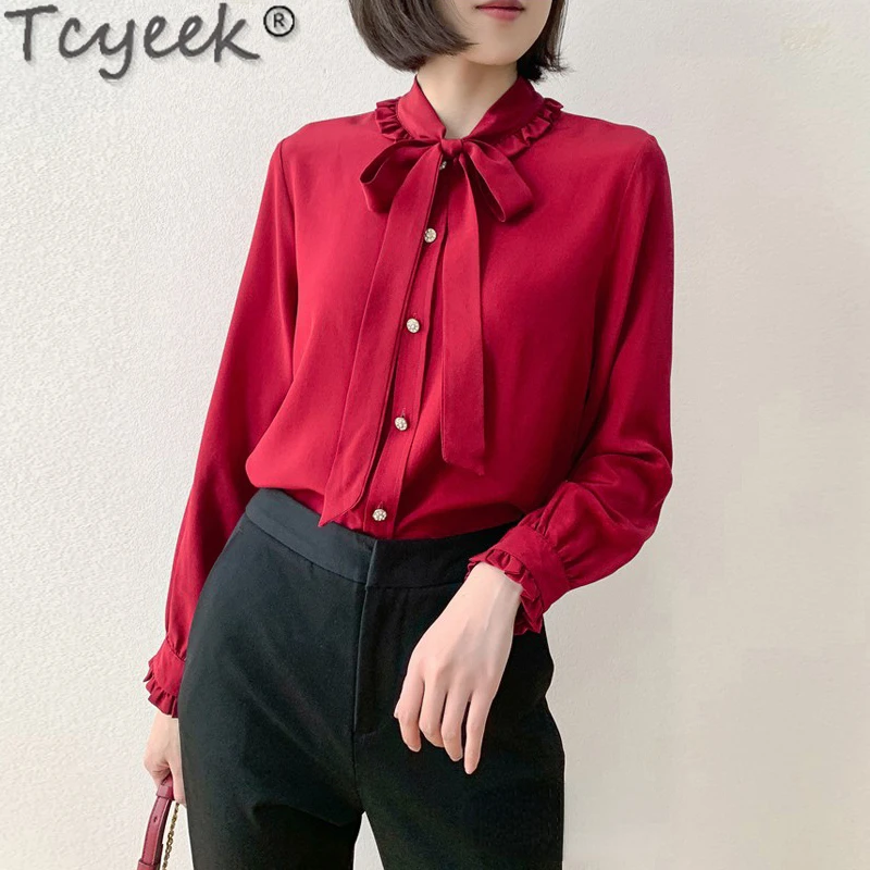 Tcyeek 100% Real Silk Shirts for Women Clothes Spring Summer Women's Long Sleeve Top OL Style Womens Tops 2024 Vintage Red Shirt