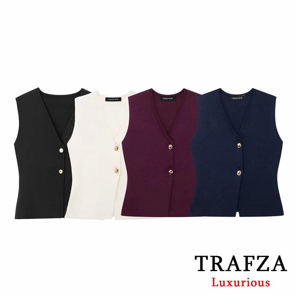 TRAFZA Casual Solid Red Knitted Women Sweater Vest V Neck Split Gold Buttons Sleeveless Cardigans Fashion 2024 Autumn Winter Top