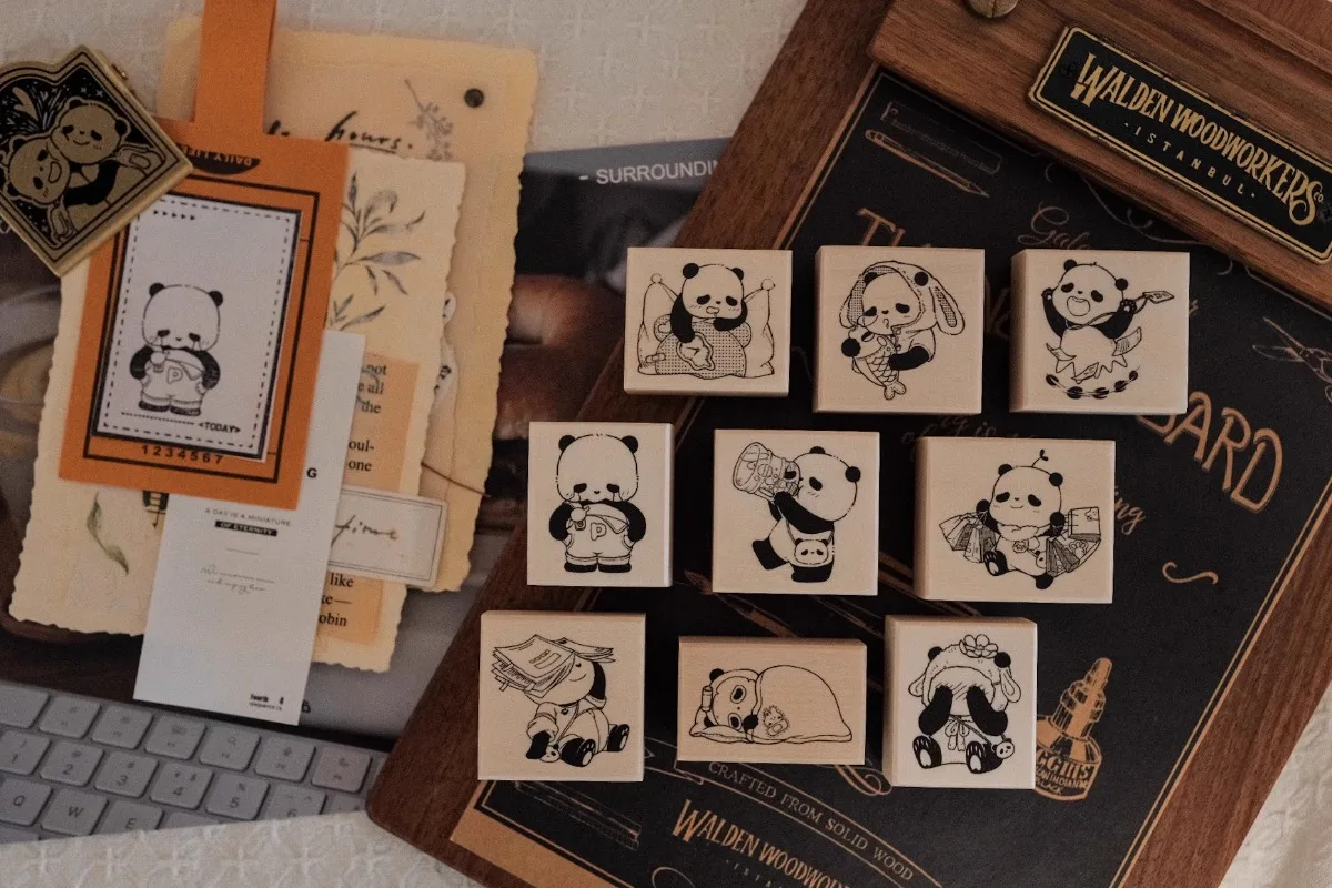 Juego de sellos de goma de madera para álbum de fotos, sello de madera para álbum de recortes, fabricación de tarjetas, juego de Panda encantador, sueño, vida diaria