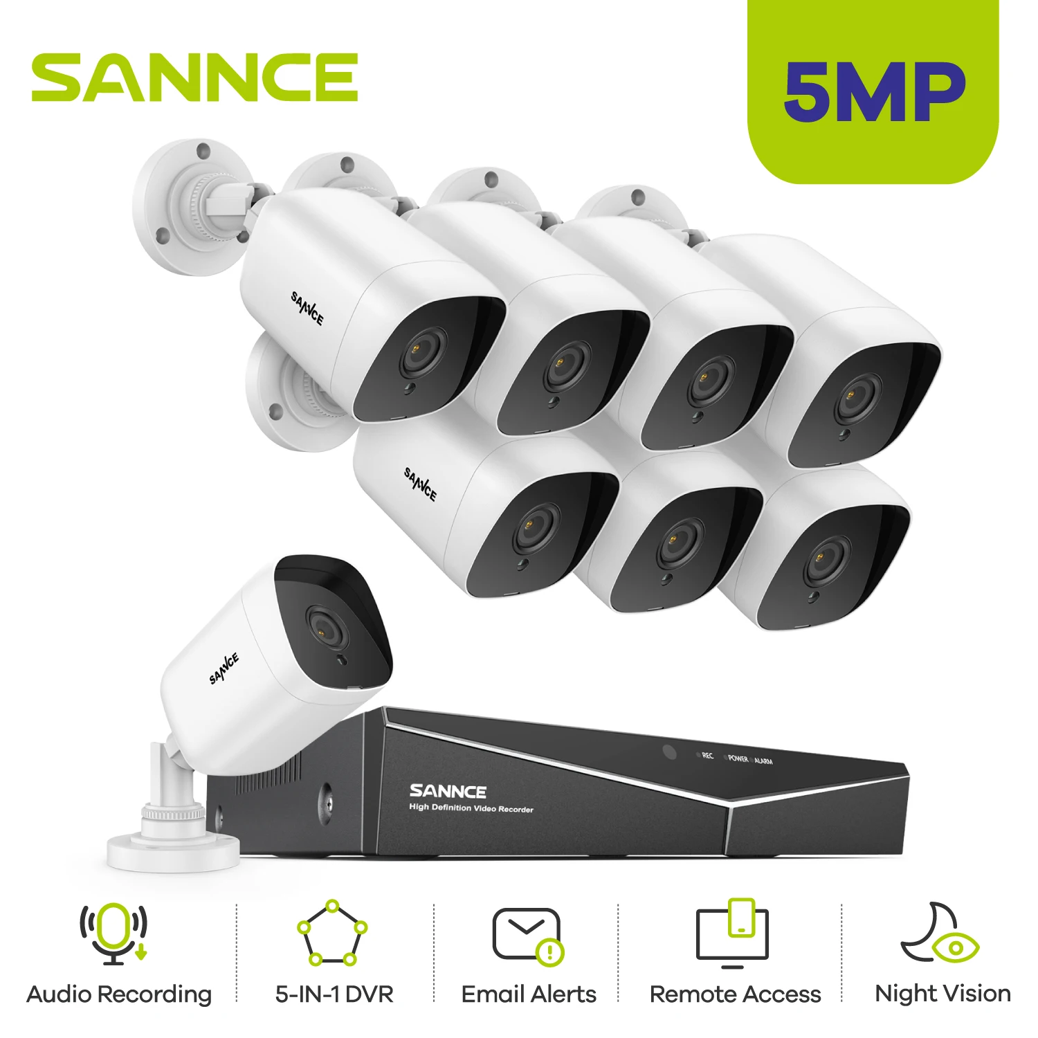 SANNCE 5MP Home Security Surveillance DVR Kit IR Outdoor Night Vision Built in Mic Remote Monitor Waterproof CCTV Video System