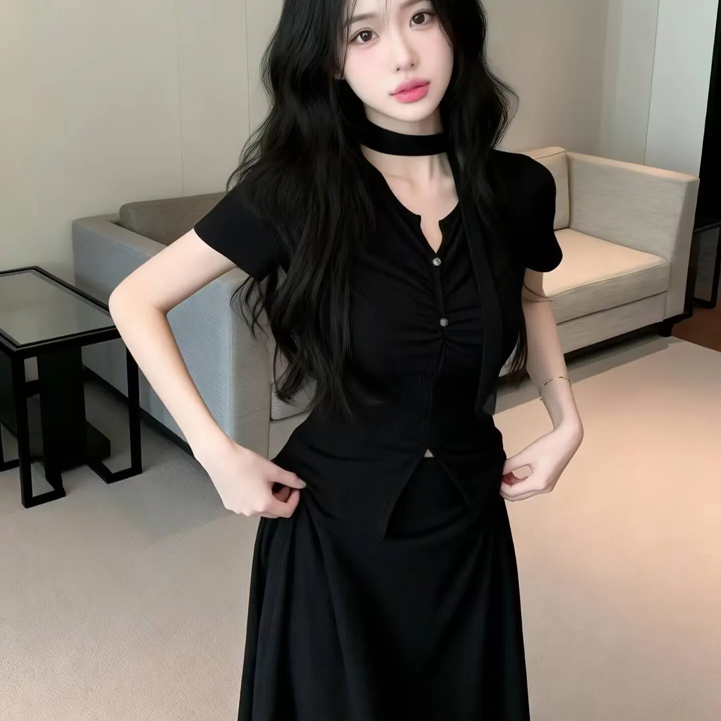 

Summer 2026 Women's Fashion Set V-neck Short Sleeve High Waist Asymmetrical Skirt with Slit Regular Shoulder Three-piece Suit