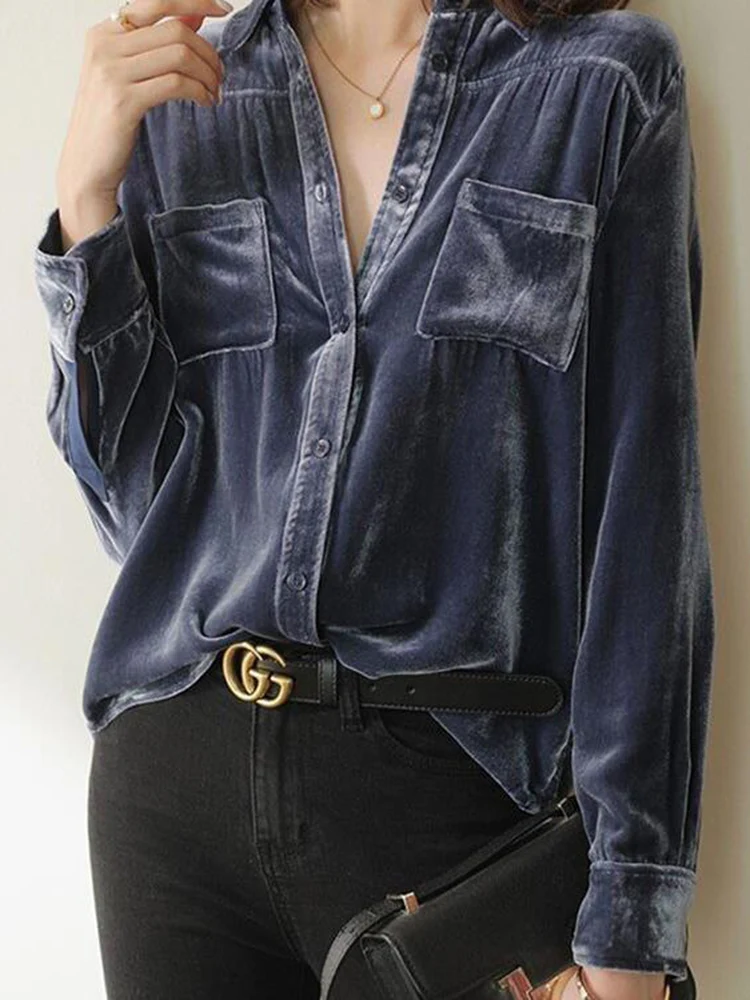 

Casual Solid All Match Female Design Chic Loose Tops Fashion Office Lady Velvet Shirt Elegant Korean Long Sleeve Blouse