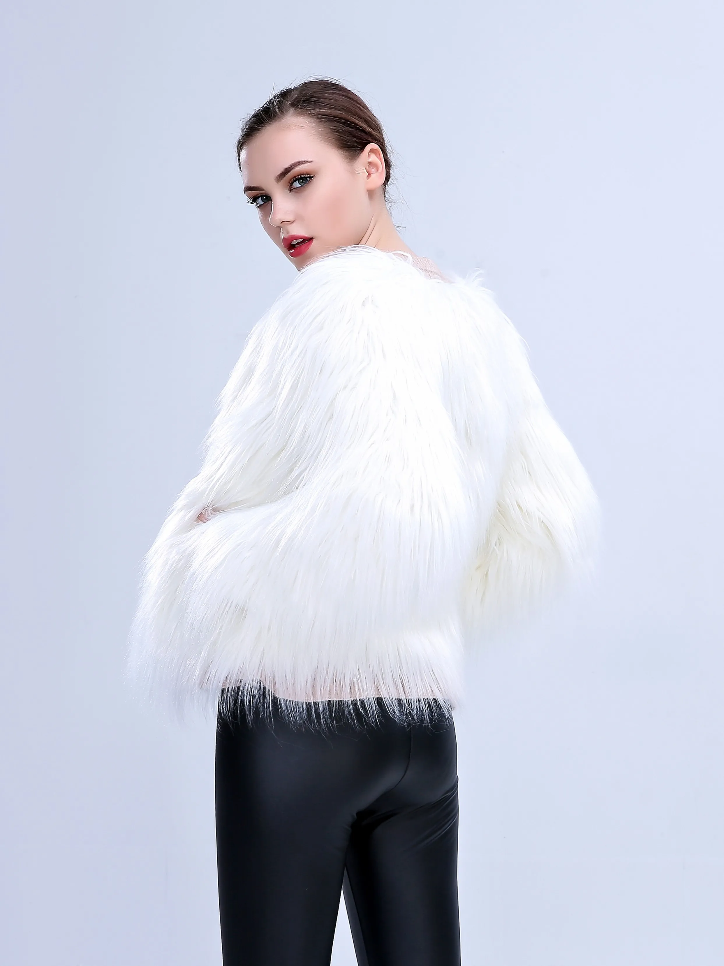 Women's Unique Warm Faux Fur Jacket Thicken Cool Night Dancing Props Casual Loose Soft Crop Outwear Winter Chic Coat
