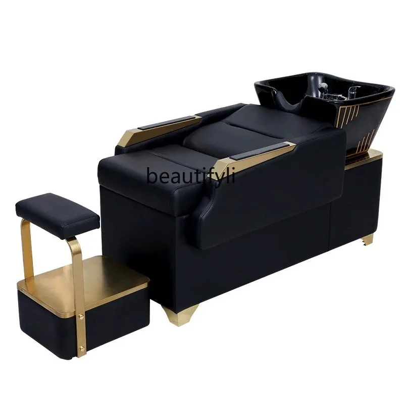 

Barber Shop High-End Ceramic Basin Shampoo Chair for Hair Salon Stainless Steel Half Lying Flushing Bed