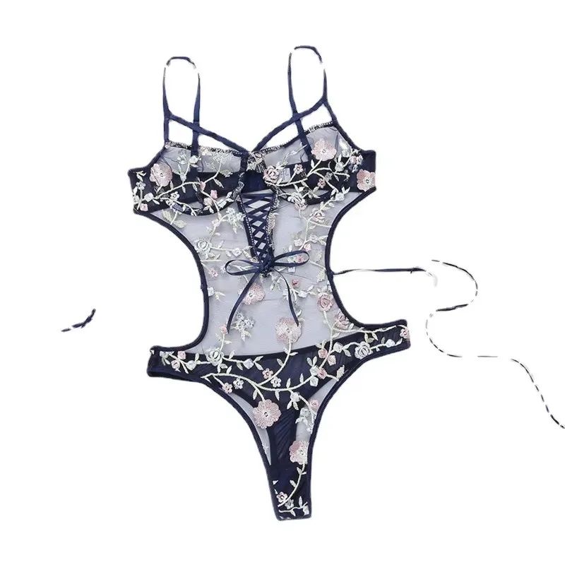 Porn Women Bandage Floral Embroidery Lace See Through Bodysuit String Lace Up Sexy Lingerie Romper Teddies Femme