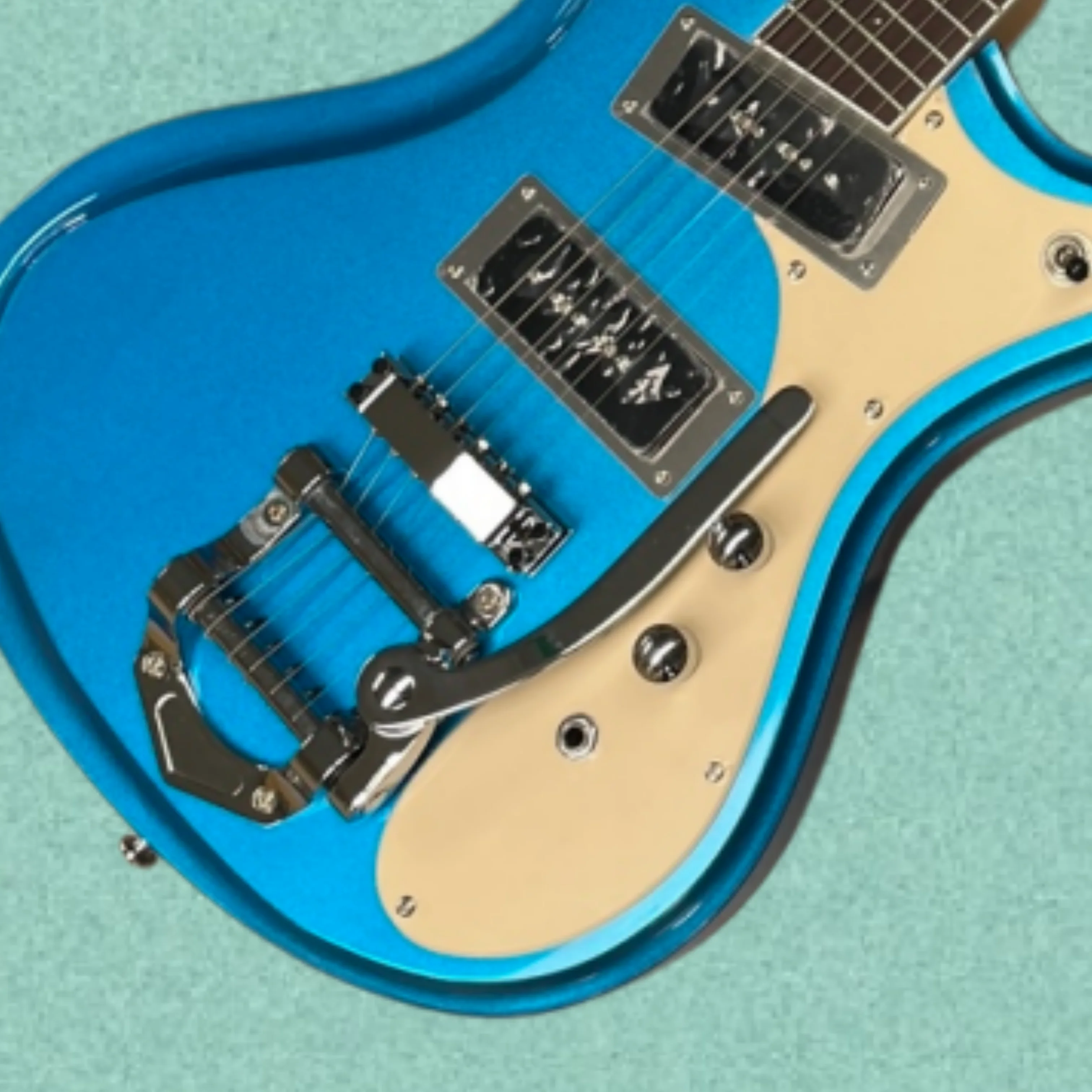 6-string metal blue electric guitar with a streamlined mahogany body and silver hardware guitars, vintage rock electric guitarra
