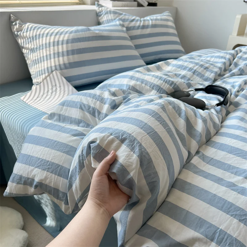 클래식 스트라이프 이불 커버 세트 소년 성인을 위한 시트와 베갯잇이 포함된 부드러운 워시 코튼 침구 올 시즌 컴포트 커버