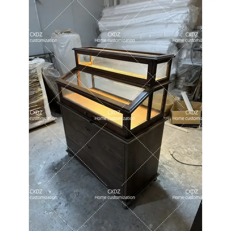 Retro Jewelry Cabinet with Glass Display Walnut Finish Storage Organizer for Rings Necklaces Vintage Style Showcase Furniture