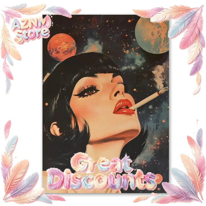 Retro Space Art Canvas Prints, Smoking Women Canvas Wall Art, Space Psychedelic Poster For Living Room Bathroom Home 2026