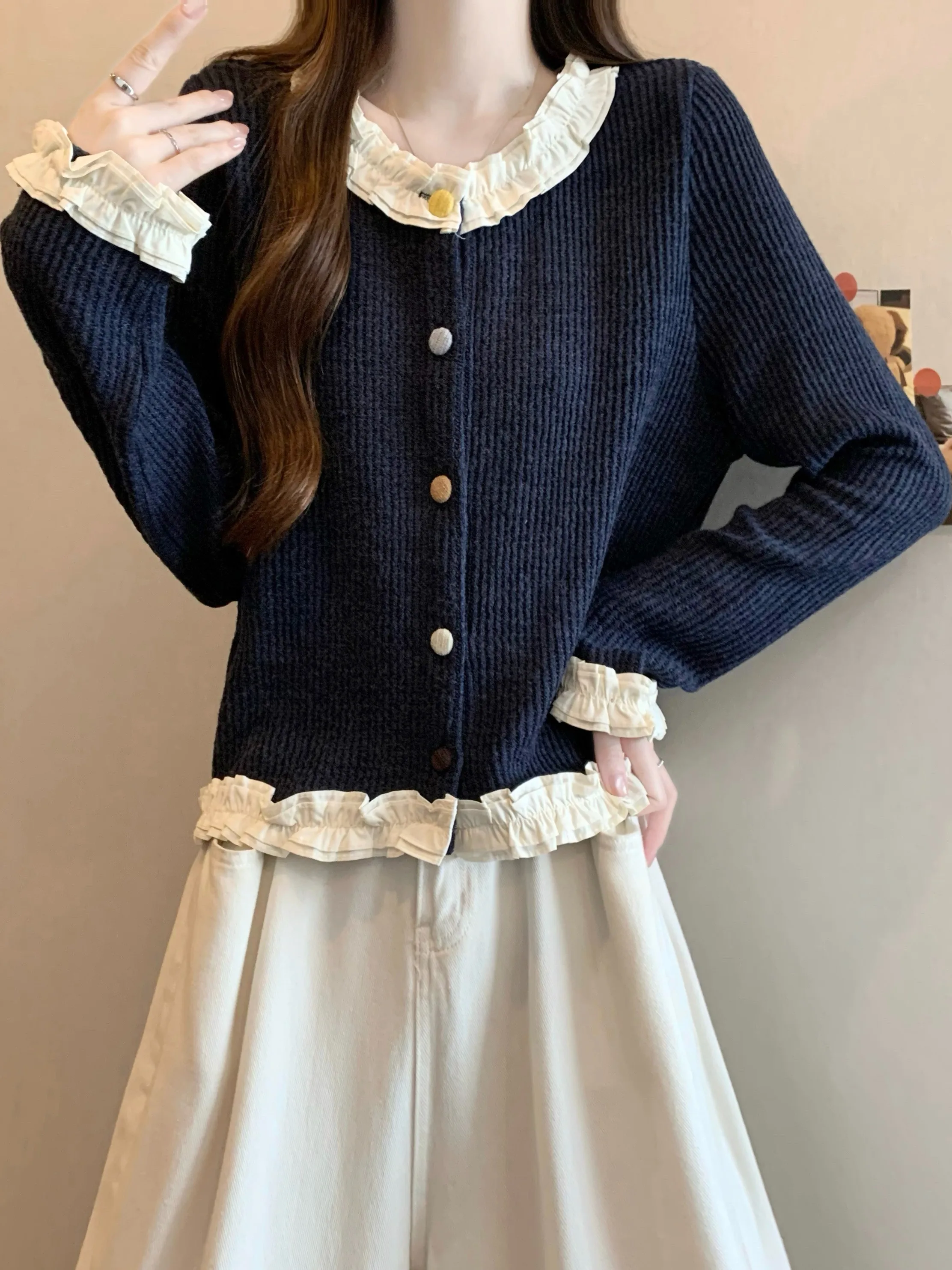 

Autumn Winter New Sle Women's Knitted ort Sve Top with Wood ain Splicing Long Sve Inner Wear Base irt
