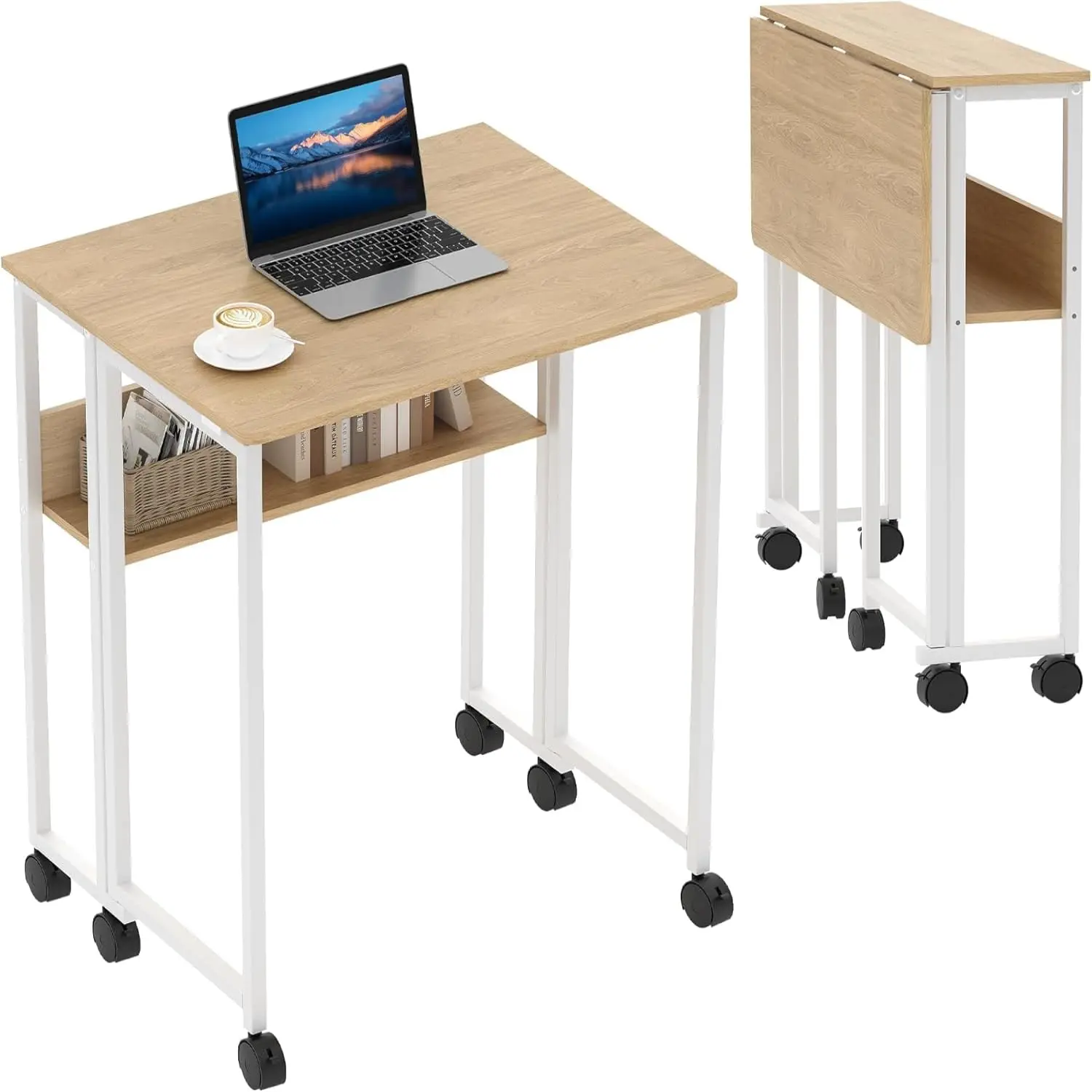 Folding Desk with Storage Shelf, Space Saving Computer Desk, Foldable Writing Table on Wheels, Writing Study Desk, Easy Assembly, for Home Office Small Space
