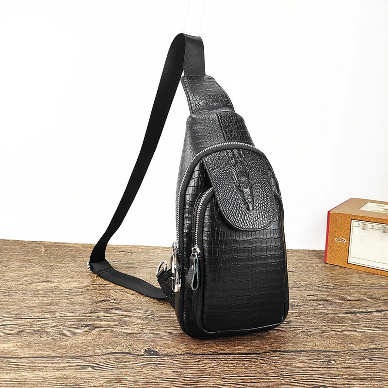 Password lock men's genuine leather chest bag crocodile pattern top layer cowhide travel small shoulder crossbody bag