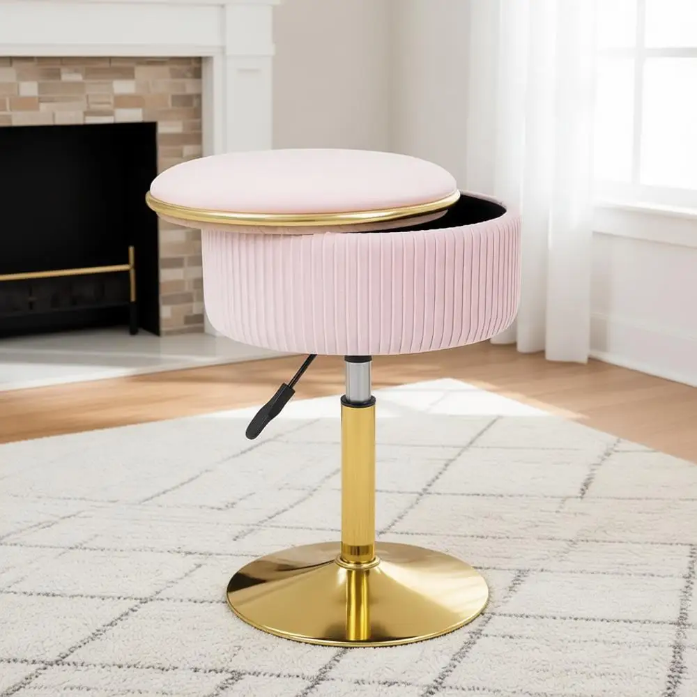 

360° Swivel Velvet Pink Ottoman with Storage, Ideal for Makeup and Bathroom