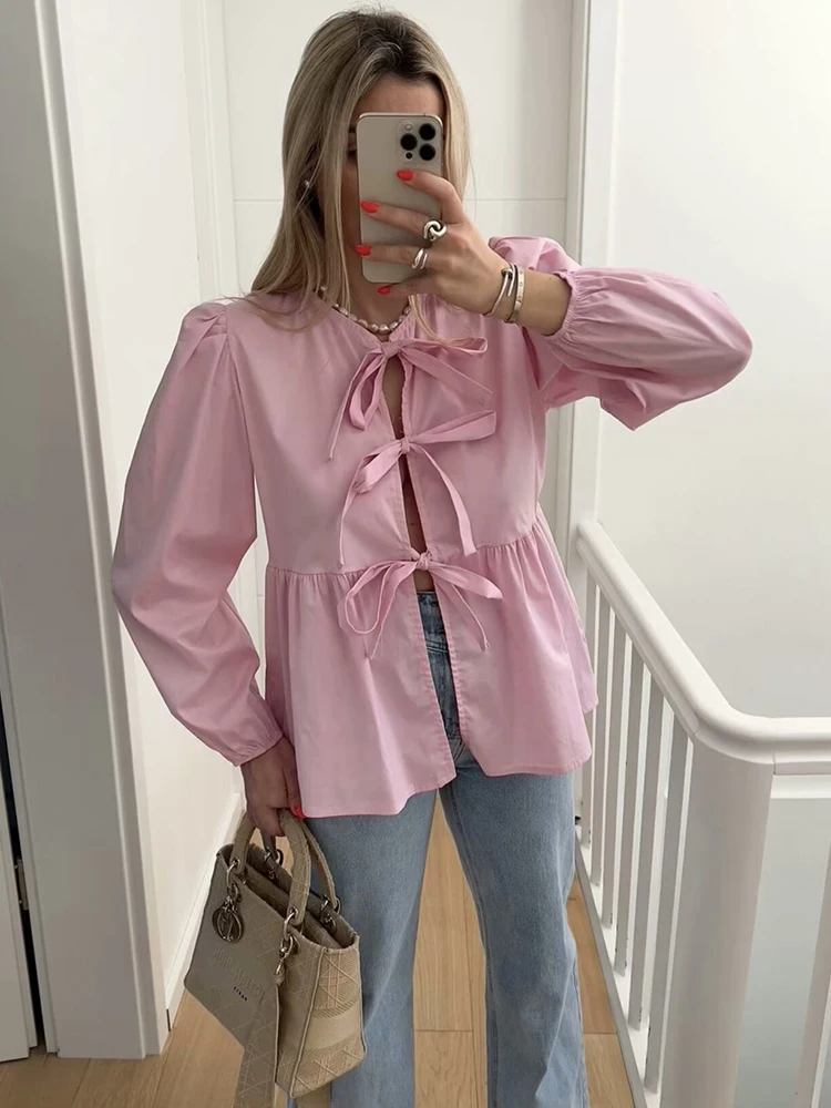 Vintage Women Puff Sleeve Loose Shirts 2024 Fashion Ladies Sweet Bow Buttons Blouses for Female Ruffles Tops Chic Clothes