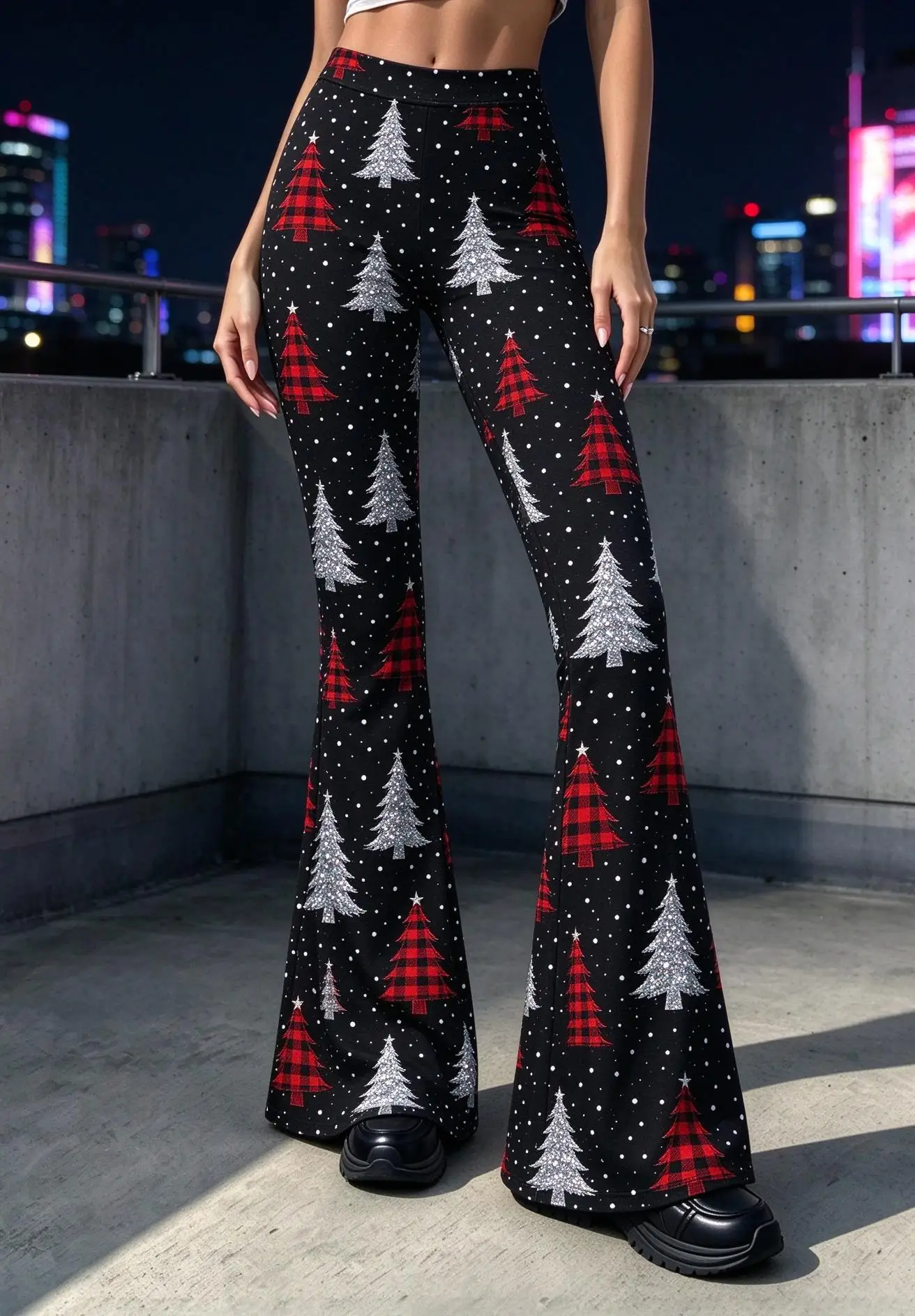 Women Mid Rise Skinny Flare Pants Christmas Tree Plaid Snow Dot Print Black Stretch Bell Bottom Trousers