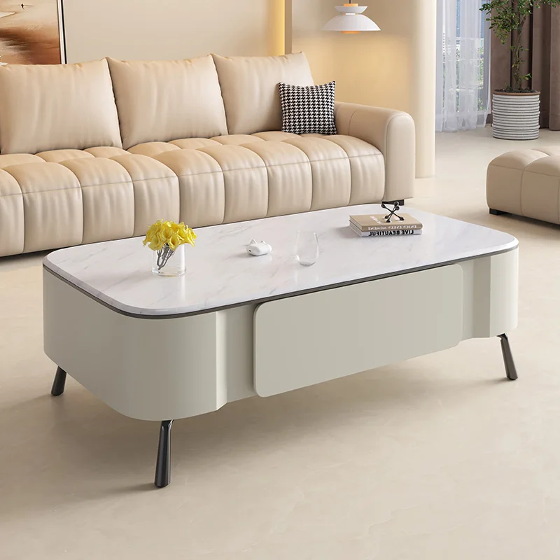 

Luxury Living Room Coffee Table TV Stand Set Beige Home Modern Center Table with Storage Drawer Simple Steel Leg Interior Tables