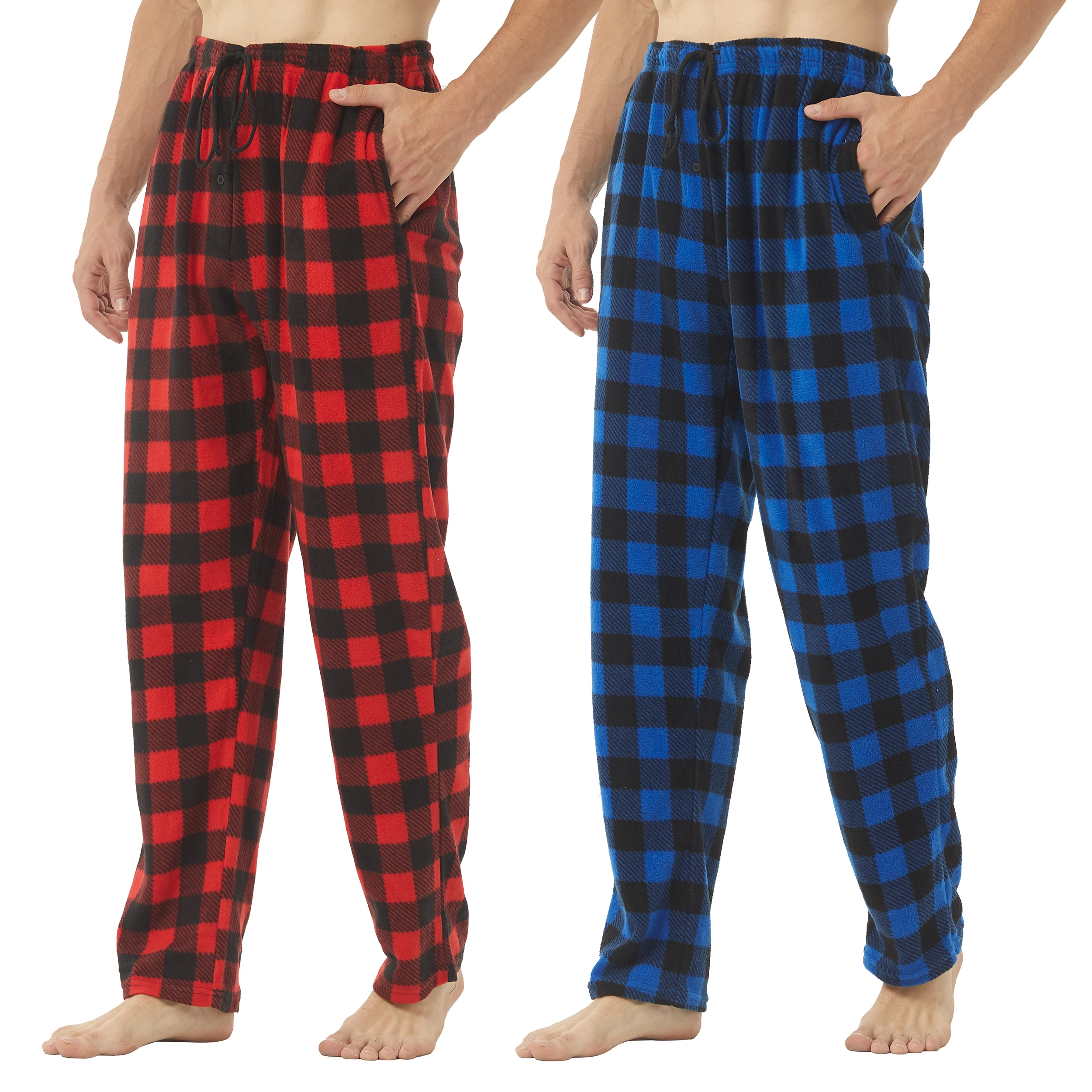 2 Pack Men's Pajama Pants Fleece Pajama Bottoms Pj Plaid Pants with Pockets Soft Warm Lounge Sleep Pants Sleepwear Loungewear
