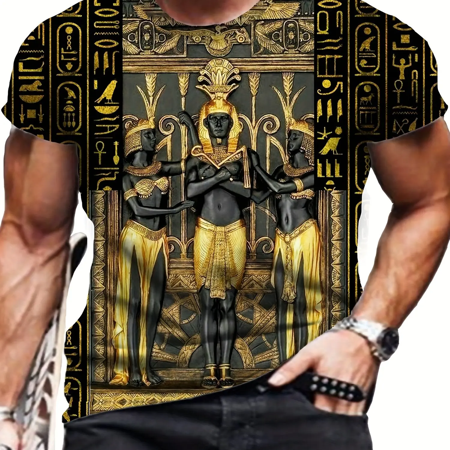 Camiseta de talla grande de manga corta con cuello redondo y estampado de patrón de Egipto en 3D para hombre, camiseta ligera y versátil para uso diario en verano