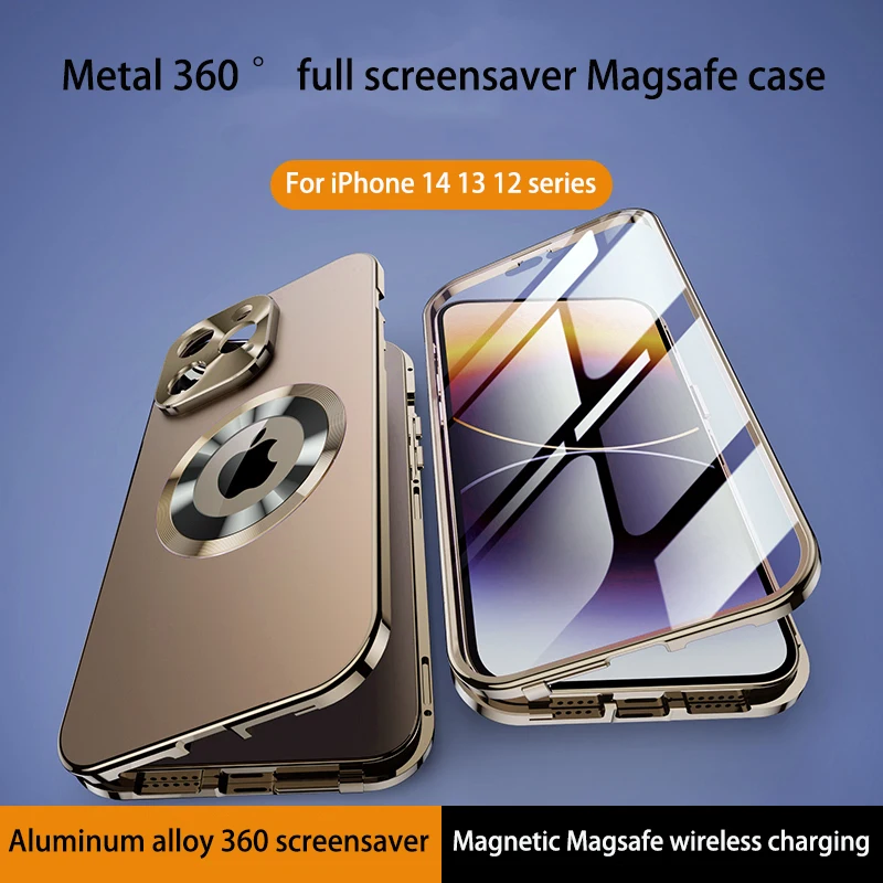 For iPhone 15 14 13 12 Pro Max Case 360° Fully sealed Case Magnetic Adsorption Metal alloy Glass Double sided protection cover