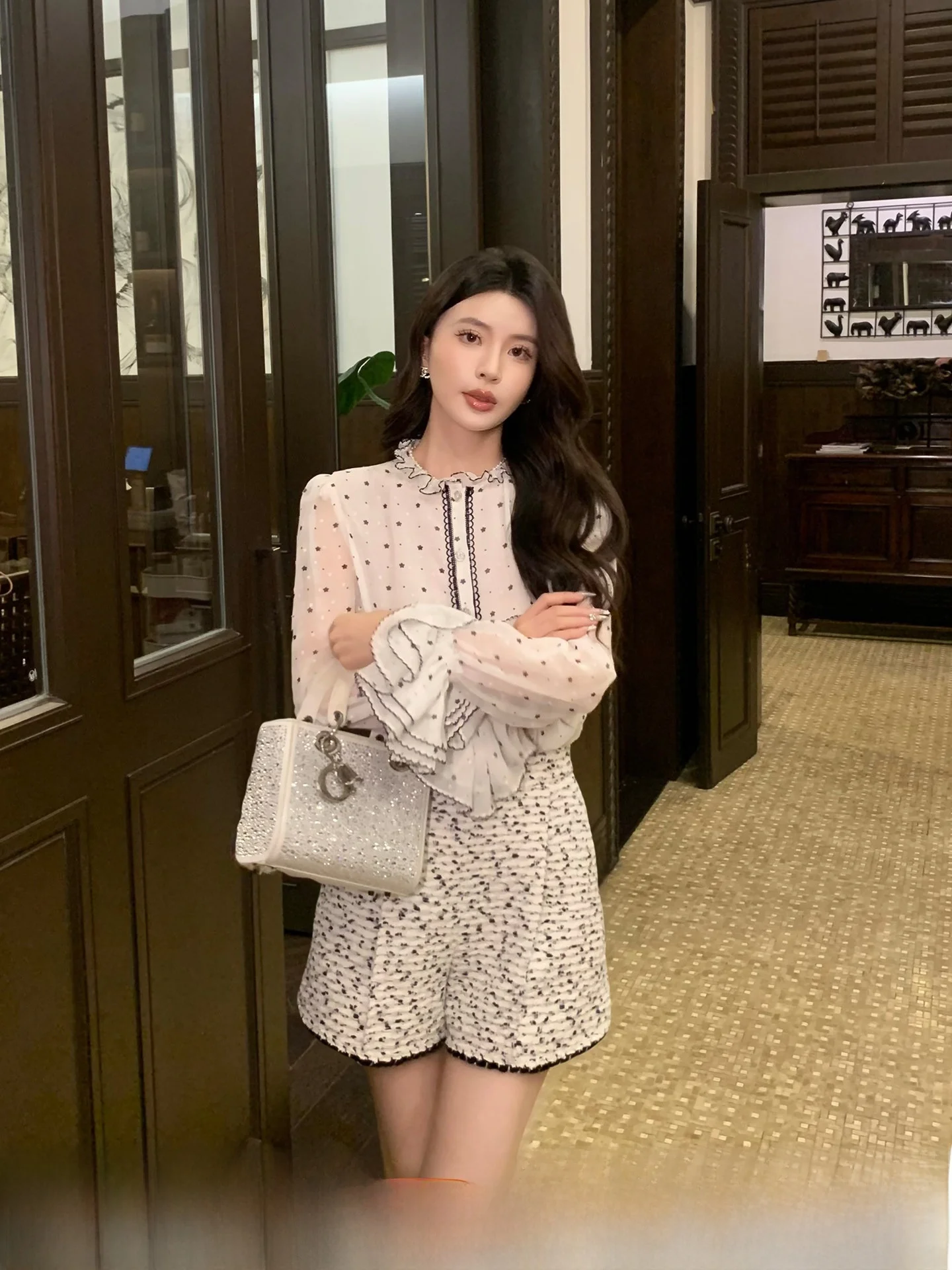 

Женская блузка Kun Miss Early Spring с принтом в горошек, длинными рукавами-фонариками из шифона, свободного кроя, из полиэфирного волокна, во французском стиле