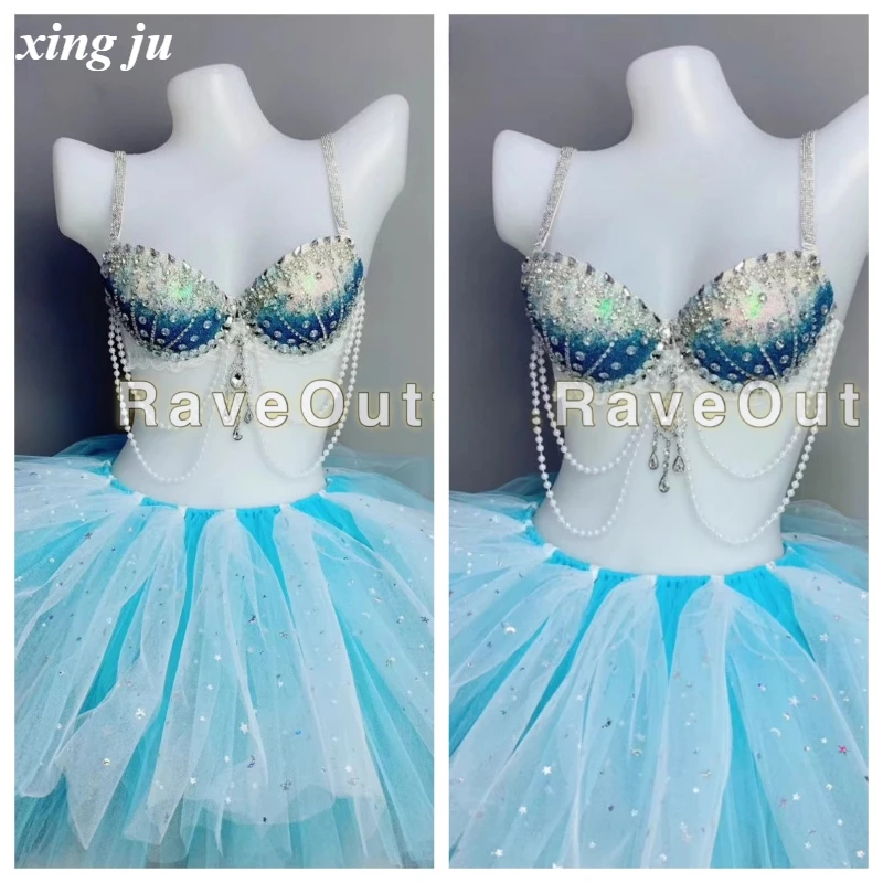 

Xing Ju Blue Diamond Pearl Tassel Tops Tutu Skirt Sexy Outfits Nightclub Performance Costume Women Party Singer Dance Stage Wear