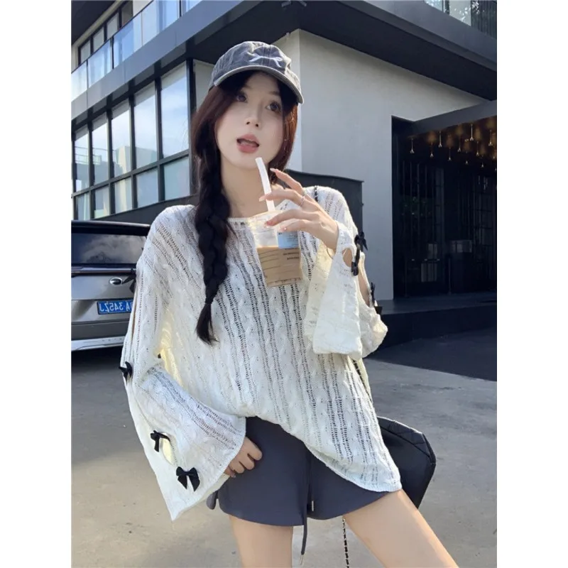 

Women'S Long Sleeves Knit Summer Sun Protection Cover-Up Y2k Woman Clothing Flare Sleeves Bow Tie Loose Fit Tops T-Shirts