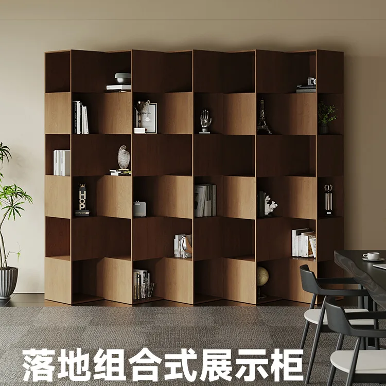 Office solid wood floor-standing bookshelf minimalist modern design style creative display cabinet multi-layer solid wood
