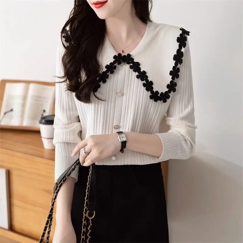 spring autumn new Doll Collar Long Sleeve fashion sweater women High street Contrast color Button Striped patchwork Pullovers