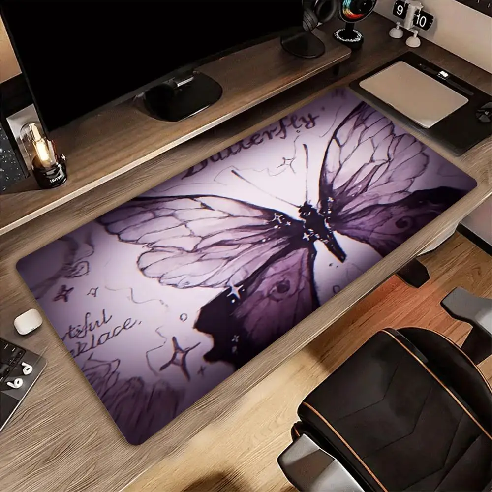 XXL Gaming Mouse Pad Purple Gothic Spider Web Butterfly Pattern Deskmat Non-Slip Rubber Keyboard Mat Dark Desktop Table Mat